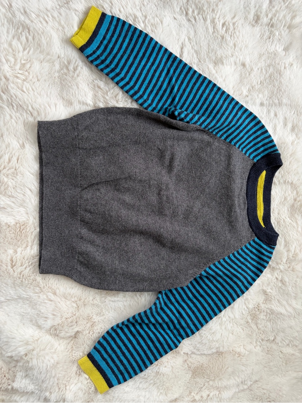 Boden Crewneck Sweater with Blue Striped Sleeves and Gray Body